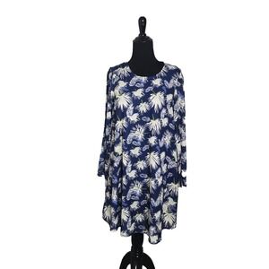 Navy & White Print Flattering Scoop Neck Dress Small Lagenlook Cottagecore